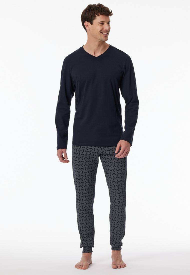 Schiesser Schlafanzug lang Bündchen nachtblau - Casual Essentials Tiefpreis