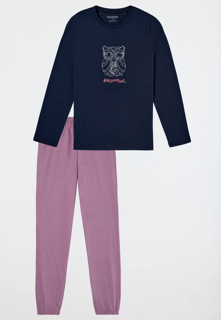 Schiesser Schlafanzug lang Bündchen Eule nachtblau - Nightwear Online Outlet