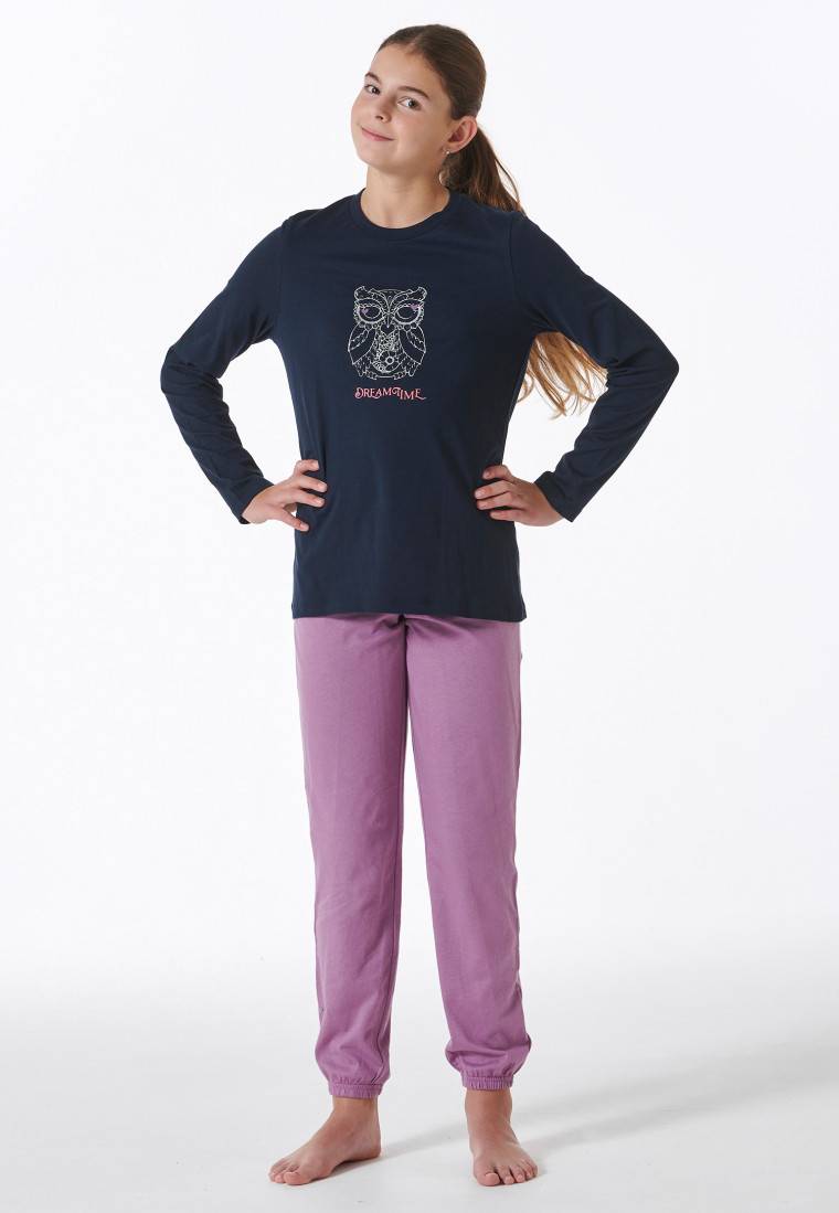 Schiesser Schlafanzug lang Bündchen Eule nachtblau - Nightwear Online Outlet