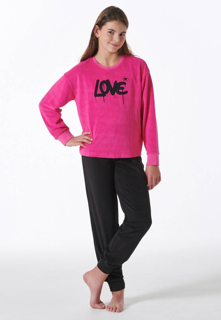Schiesser Schlafanzug lang Frottee Bündchen Love pink - Nightwear Große Rabatte