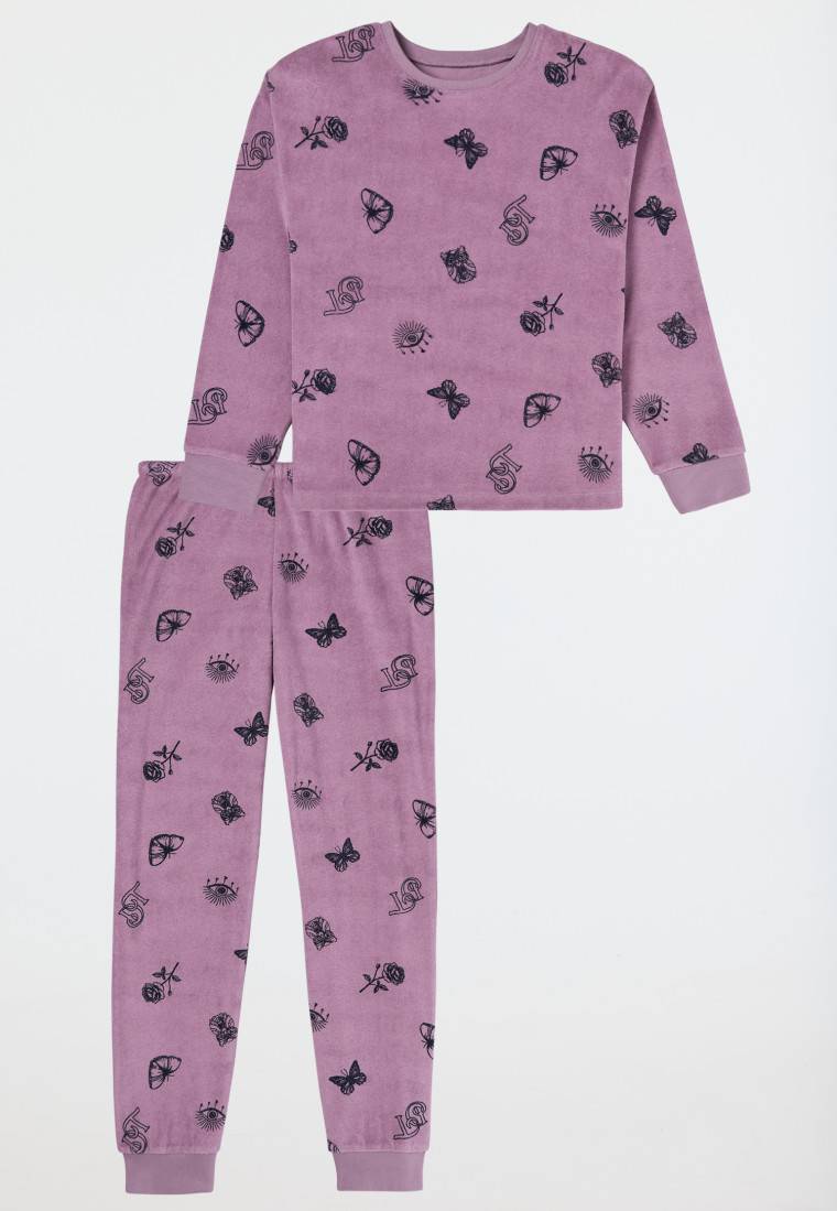 Schiesser Schlafanzug lang Frottee Bündchen Schmetterlinge mauve - Nightwear Bestseller