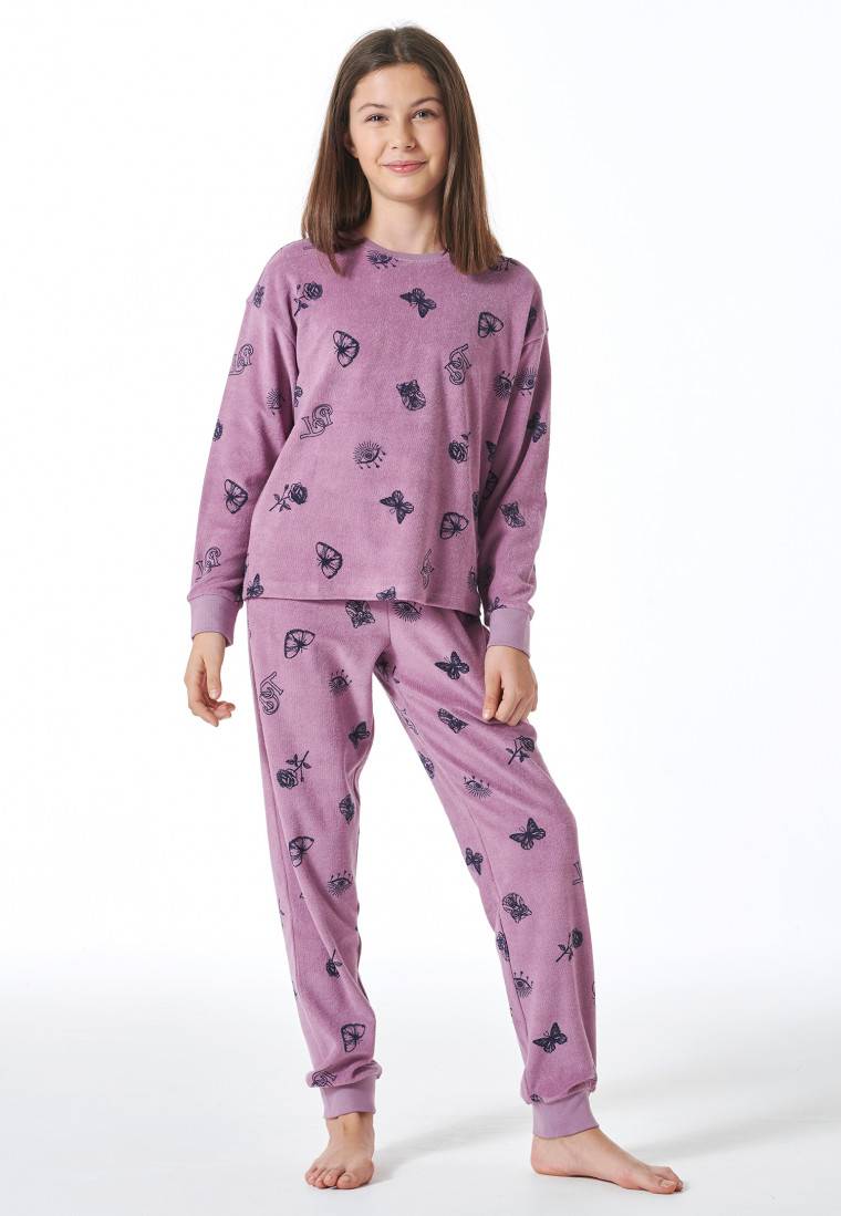 Schiesser Schlafanzug lang Frottee Bündchen Schmetterlinge mauve - Nightwear Bestseller