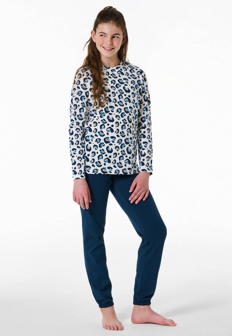 Schiesser Schlafanzug lang Bündchen Leopardenmuster off-white - Nightwear Räumungsverkauf
