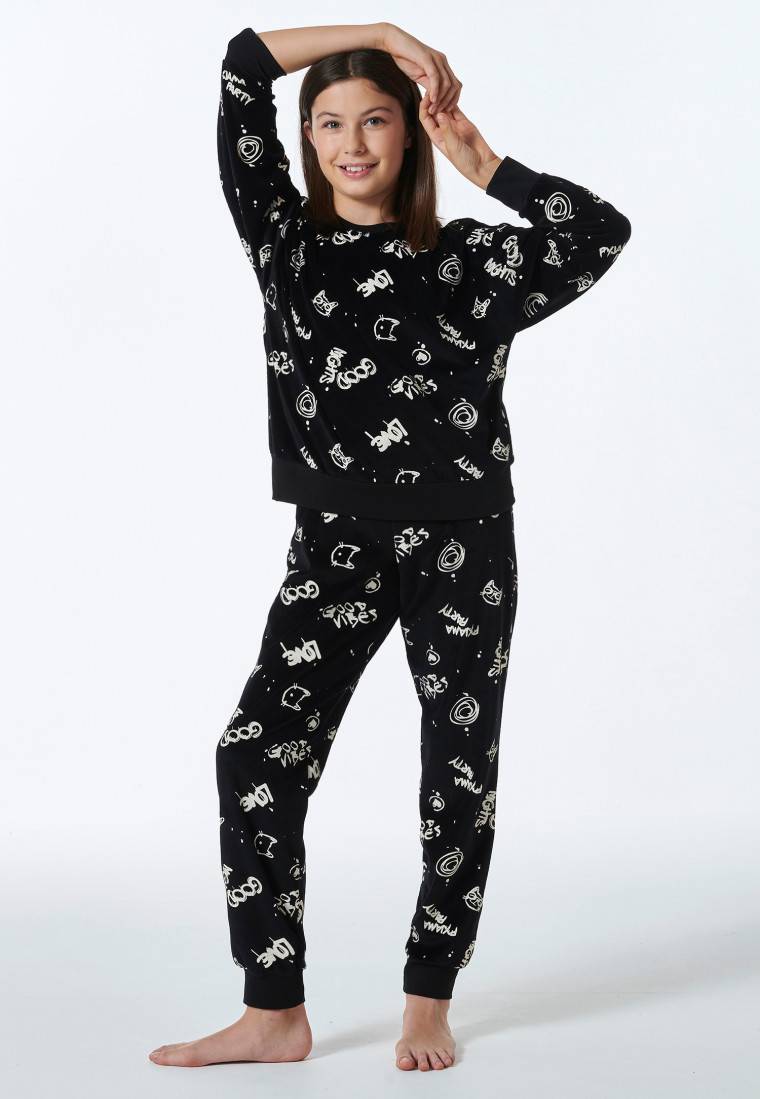 Schiesser Schlafanzug lang Velour Graffiti schwarz - Nightwear Letzte 3 Tage