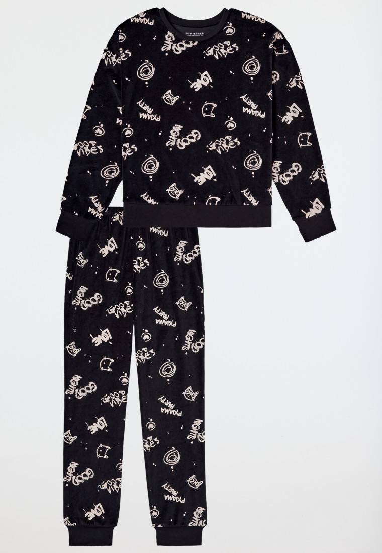Schiesser Schlafanzug lang Velour Graffiti schwarz - Nightwear Letzte 3 Tage