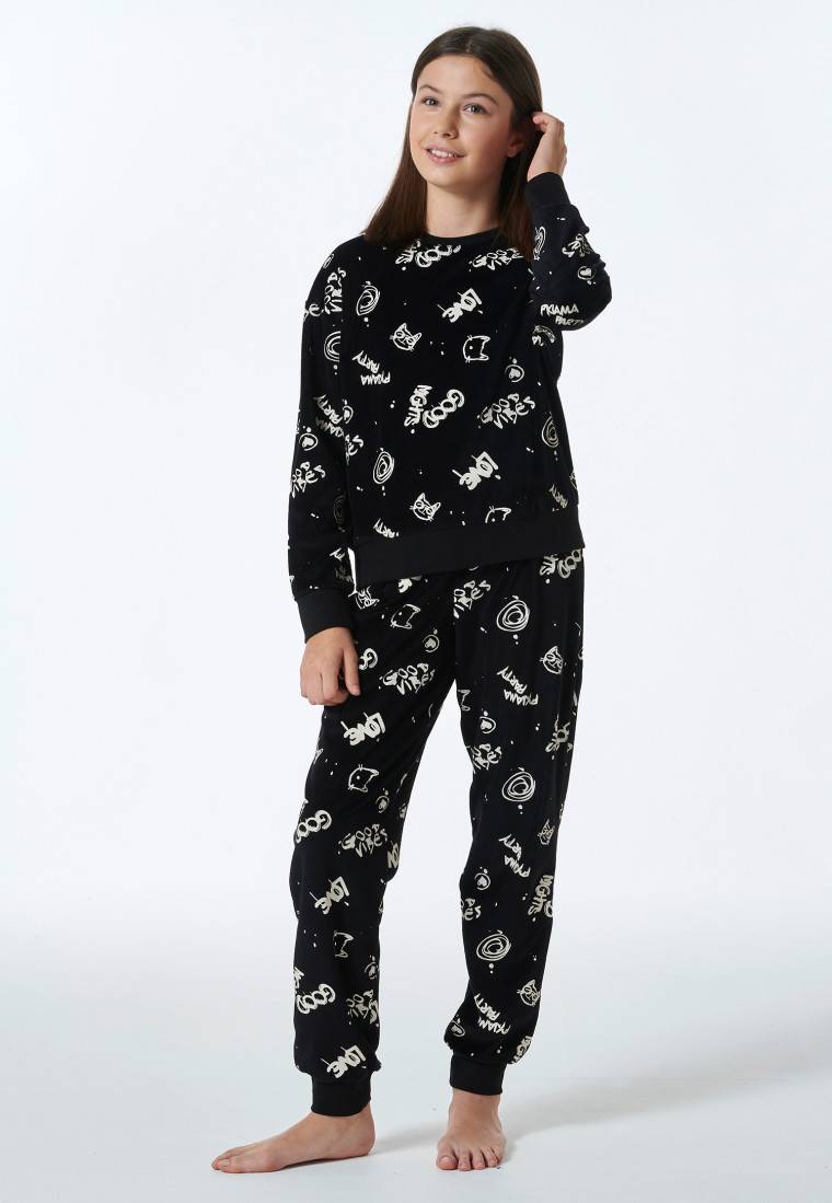Schiesser Schlafanzug lang Velour Graffiti schwarz - Nightwear Letzte 3 Tage