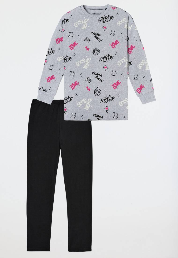 Schiesser Schlafanzug lang Interlock Shirt mit Leggings Graffiti grau-meliert - Nightwear Zeitbegrenzte Promotion
