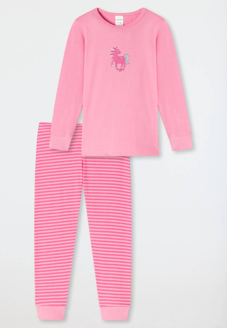 Schiesser Schlafanzug lang Organic Cotton Bündchen Pferd Ringel rosa - Nightwear 50% Rabatt mit kostenlosem Versand