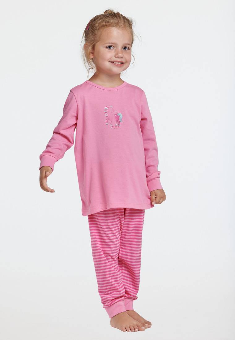 Schiesser Schlafanzug lang Organic Cotton Bündchen Pferd Ringel rosa - Nightwear 50% Rabatt mit kostenlosem Versand