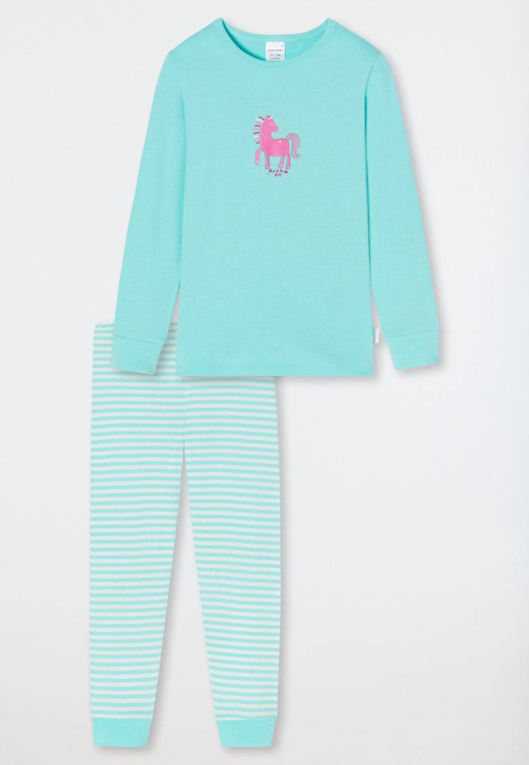 Schiesser Schlafanzug lang Organic Cotton Bündchen Pferd Ringel türkis - Nightwear Clearance-Verkauf