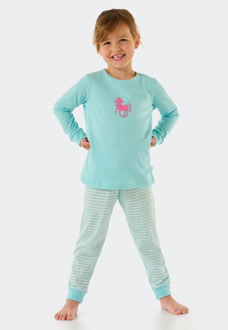 Schiesser Schlafanzug lang Organic Cotton Bündchen Pferd Ringel türkis - Nightwear Clearance-Verkauf