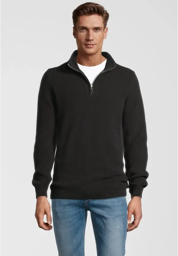 Steffen Klein Pullover Troyer Stehkragen Reißverschluss in Schwarz Fabrikpreis