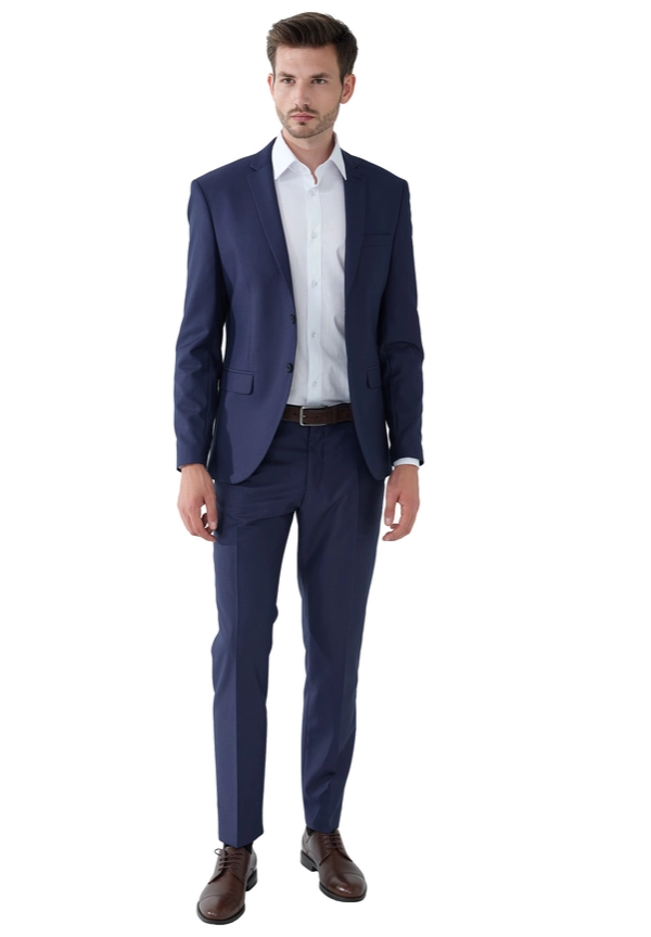 Steffen Klein 2-Teiliger Slim Fit Business Anzug Smoking 2-Knopf Sakko in marine strukturiert Speichern exportieren